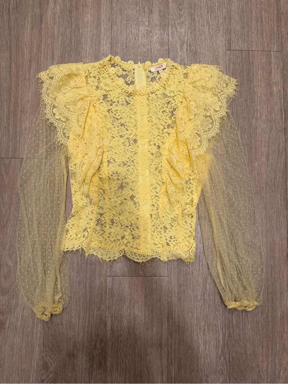 Yellow Lace Ruffle Blouse with Sheer Dotted Sleeves